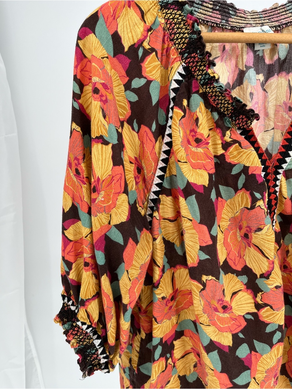 Sundance XL 100% Cotton Floral Peasant Blouse Boho Embroidered V-Neck Fall Top - Picture 2 of 10
